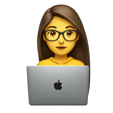front view,white pretty female coder with apple laptop in front of her, very long straight brown hair, brown eyes, facing the right side looking at the laptop, yellow sweatshirt, transperant glasses sticker