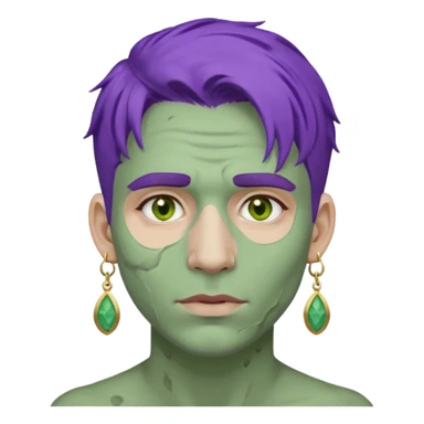 purple haired man with full full face dirty messy green clay mask and earrings sticker