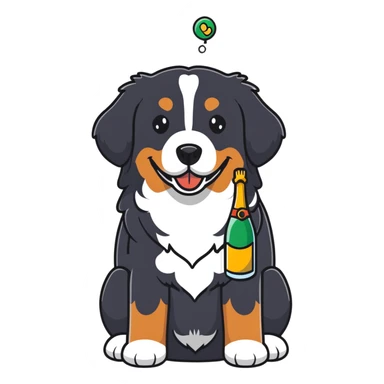 bernese mountain dog with a toy champagne bottle in its mouth sticker