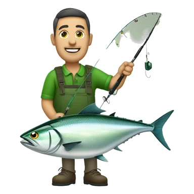 husband holding fishing rod with green fishing line hooked tuna sticker