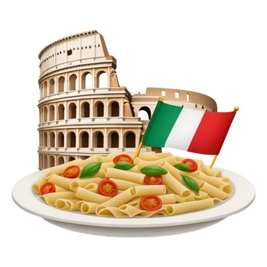 An icon featuring the Colosseum and the flag of Italy, symbolizing the Italian language. The design includes an open book with Italian phrases and a plate of pasta, representing language learning and cultural heritage. Transparent background sticker