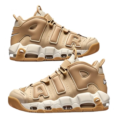 Clean iOS-style emoji of a pair of beige Nike Air More Uptempo sneakers, with left and right shoes arranged with one slightly behind the other, simple minimal design with subtle shadows sticker