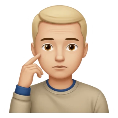 A clean-shaven man in casual clothing thinking critically, touching his chin with one hand, eyebrows slightly furrowed, focused and analytical expression. Neutral background, soft lighting, realistic emoji style. sticker