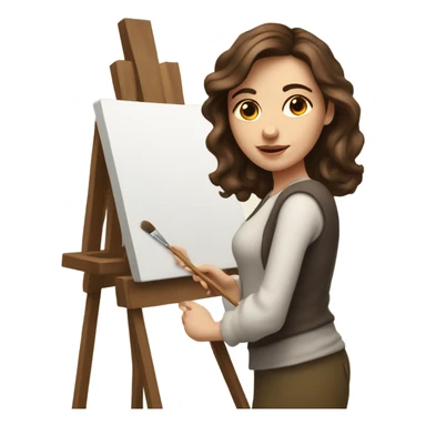A female Caucasian brown haired artist, painting at an easel with Canvas on the easel sticker