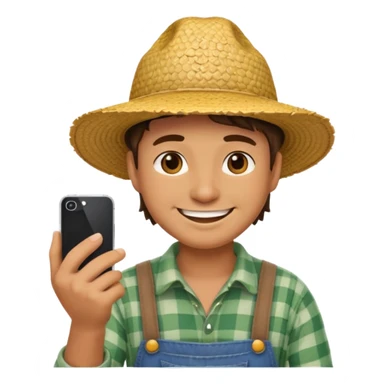 a smiling farmer emoji in a straw hat using a smartphone sticker