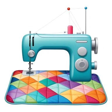 Patchwork and quilting icon, colorful fabric patches sewn together in a quilt pattern, sewing needle and thread, quilting tools like rotary cutter and quilting hoop, minimalistic style, clean lines, transparent background. sticker