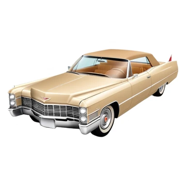 Ultra-minimalist beige 1966 Cadillac DeVille, very simplified shapes, clean 30-degree perspective, only essential details, basic geometric representation, Once Upon a Hollywood car, iOS emoji style sticker