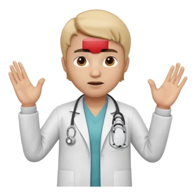 3D memoji doctor, hand raised forward in stop gesture, serious face, educational tone, white coat, stethoscope visible, centered, transparent PNG sticker