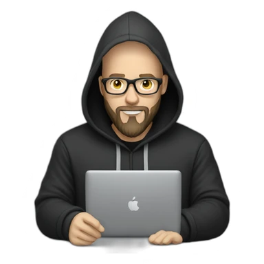 bald white man with glasses and a black beard typing on apple computer wearing a black hoodie sticker