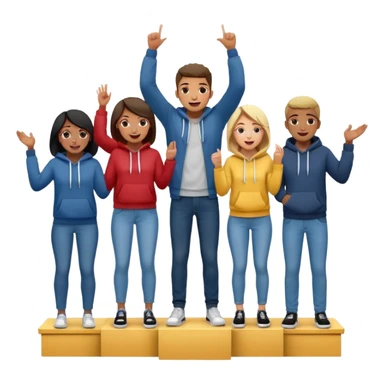 multi-racial men and women standing on a winners’ podium with the middle podium position elevated, no numbers on the podium, each person casually dressed in fun clothing like jeans and hoodies, very excited, fun, expressive emoji style sticker