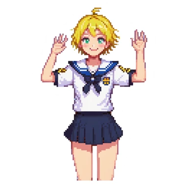Pixel art anime girl with short bright yellow hair wearing Japanese sailor style school uniform, composed posture with hand on hip but energetically waving with other hand, excited smile and happy eyes sticker