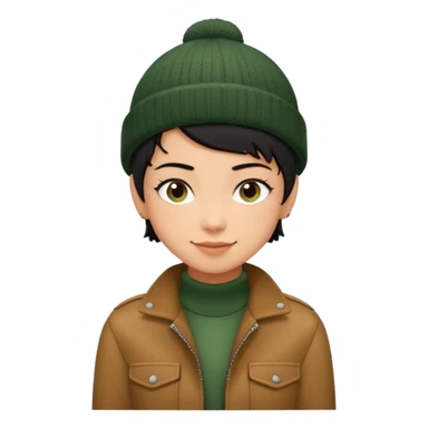 tan skin, non binary person with pixie cut black hair, wearing brown jacket and dark green beanie, shy smile  sticker