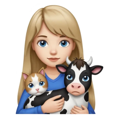 Apple-style emoji sticker of a young woman with long dark blond hair and bang, blue eyes , holding a cat black and white like a cow patch on her chest.  sticker