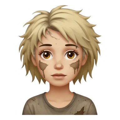 very dirty looking homeless woman very very dirty and smelly looking face only, not old with grey smudges everywhere and messy hair and lots of stains on face ugly and smudged face on forehead and chin sticker