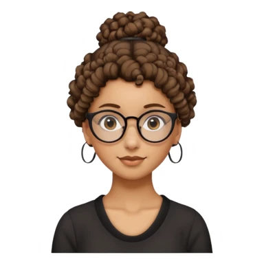 un chica con pelo rizado el peinadpo: un recogido osea todo el pelo recogido menos dos mechones alante que le llega hasta el cuello. luego pil un poco morena ojos marrones y tiene gafas negras y son exagonales pero un poco redondeadas.  sticker
