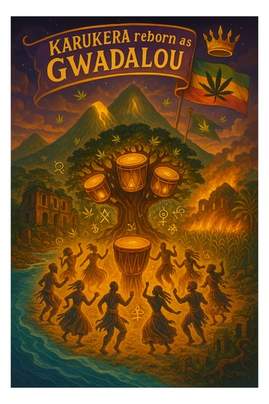 Create a powerful, surreal vision of the Caribbean island Guadeloupe, reimagined as ‘Guadeloupe' — its sacred, sovereign identity restored. The island is lush, tropical, and volcanic, with two green volcanoes glowing golden at the peaks. In the center stands a giant mystical Drum Tree, its branches bearing carved drums instead of fruit, glowing with rhythmic light. Ancestral spirits of African and indigenous lineage dance in a circle around the tree, surrounded by floating ganja leaves and sacred symbols. Sugarcane fields burn gently in the background, symbolizing the end of colonial suffering. Ruins of colonial buildings crumble into the earth, reclaimed by vines and jungle. Above the island, a glowing banner in the sky reads: ‘Karukera reborn as Gwadaloo.’ A ganja-leaf flag waves high in red, green, and gold, and a golden Creole crown floats in the sky above the island — not worn by any man, but held in rhythm. The ocean is turquoise, the light is divine, and the entire scene radiates spiritual victory, cultural remembrance, and cosmic rhythm. Use a warm, cinematic palette of golds, greens, blues, and purples. Style should feel epic, sacred, and symbolic — a rebirth of Caribbean power. sticker