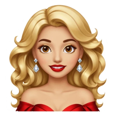 “Emoji girl, glamorous smile, shimmering gold eyeshadow, bold red lips, voluminous waves, dramatic lashes, wearing diamond earrings and gold gown.” sticker