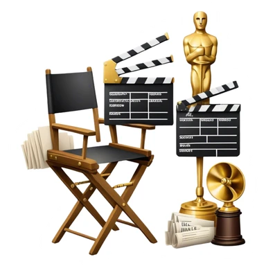 Icon for Directing: professional collage with director's chair, a film slate, a megaphone, a stack of script papers and an Oscar statuette. The icon should represent the creative and leadership aspects of directing, with focus on film and theater production. Transparent background. sticker