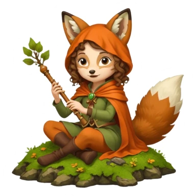 forest sticker character, woman with curly brown hair dressed as fox bard, tail cloak and ear hood, sitting on moss playing flute sticker