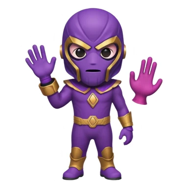 cute emoji character of Thanos wearing Squid Game guard red jumpsuit and black mask with triangle symbol, purple skin, strong jawline, Infinity Gauntlet, minimalistic, bold lines, bright colors, playful, suitable for small emoji icon sticker