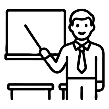 male teacher standing in front of a white board, professional attire, friendly expression, classroom setting, icon style sticker