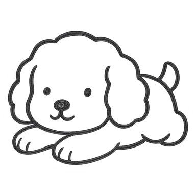 Create a sticker of a cute dog character lying on its belly, using only black outline with no white outline, on a white background, maintaining the original hand drawn style with no fill and no color. sticker