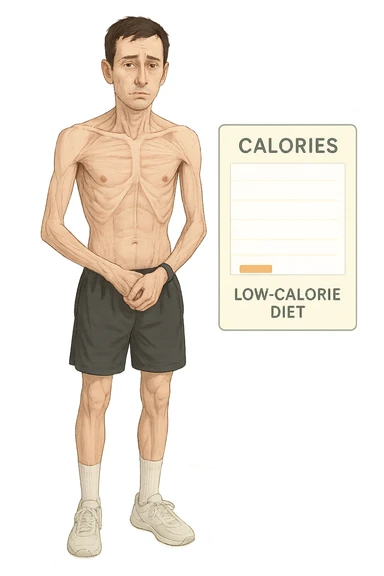 a lean man stands in a clinical setting, with a semi-transparent overlay showing reduced muscle mass and minimal fat stores. His expression is slightly fatigued, and a digital chart beside him displays a low daily calorie intake. The background is clean and modern, emphasizing the effects of a low-calorie diet. sticker
