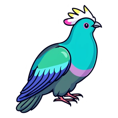 Nicobar pigeon with colorful iridescent feathers, long neck and distinctive white tail sticker