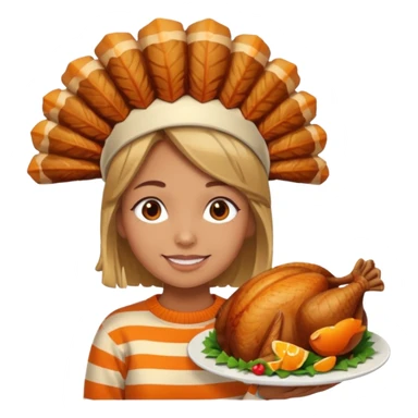 happy tan girl with an orange striped sweater and a cooked browned turkey on her head  sticker