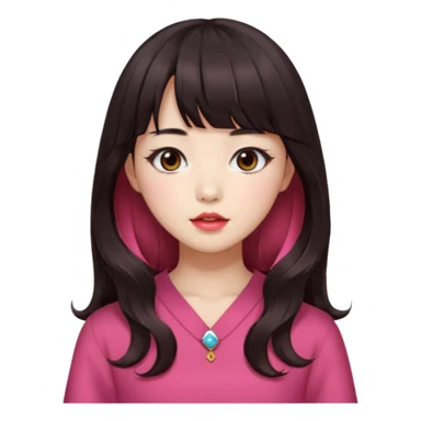 Korean girl, red top, black brown hair, brown eyes, long wavy hair, aesthetic, long hair, hime cut, blunt bangs, pink lip sticker