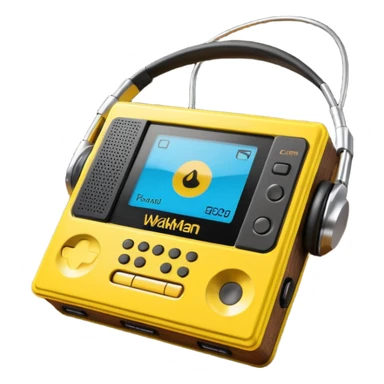 3D render of Walkman, vintage 1980s audio equipment aesthetic, tactile analog buttons, bright sports yellow plastic case with black foam headphones, mixed wood grain and brushed aluminum textures, Apple emoji style, isolated on white background --v 6.0 sticker