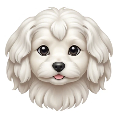 Cinematic Noble Wavy-Haired Maltese Dog Portrait Emoji, Poised and regal, with a delicate, compact build and a pristine, wavy-haired white coat that cascades in gentle curls, deep-set soulful dark eyes, Simplified yet sharp and sophisticated features, highly detailed, glowing with a soft, dignified glow, high shine, intelligent and gentle, stylized with an air of refinement, focused and attentive, soft glowing outline, capturing the essence of a watchful and graceful companion, so majestic it feels as though it could prance out of the screen with effortless authority! sticker