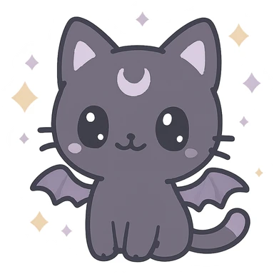 kawaii style magical gothic cat, happy face, black fur with purple accents, surrounded by magical sparkles, tiny bat wings, fun and mystical sticker