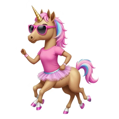 friendly anthropomorphised female unicorn with horse-like face, in tutu and pink t-shirt, wearing dark sunglasses, jogging upright in standard pose sticker