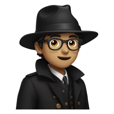 A boy with a wide-brimmed black hat, optical glasses, a black coat, pale skin, brown eyes, and a long muzzle. sticker