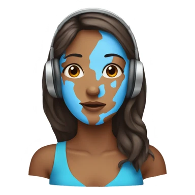 woman with headphones brunette wih left eye brown and right eye bue sticker