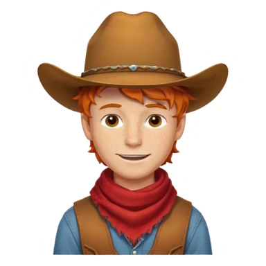 a wavy orange hair boy wearing a cowboy hat with a mischievous grin and freckles with western red scarf on his neck sticker