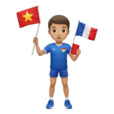 A boy in a jersey, excitedly lifting a small handheld flag and shorts with simple sport shoes sticker
