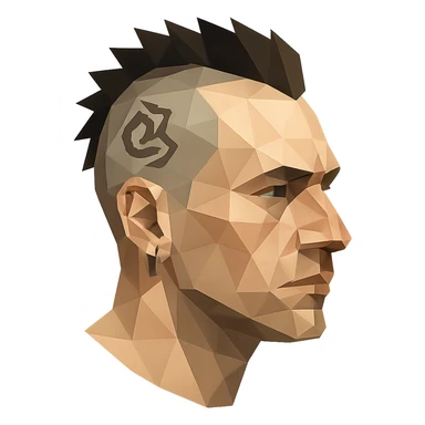 polygonal low-poly style head of a white man with mohawk, earring, and head tattoo sticker