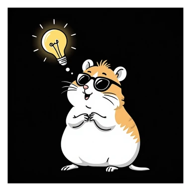 unique colorful hand-drawn modern semi-realistic hamster with cool glasses thinking about an idea with a lightbulb above its head on solid black background illustrated in Procreate on an iPad sticker