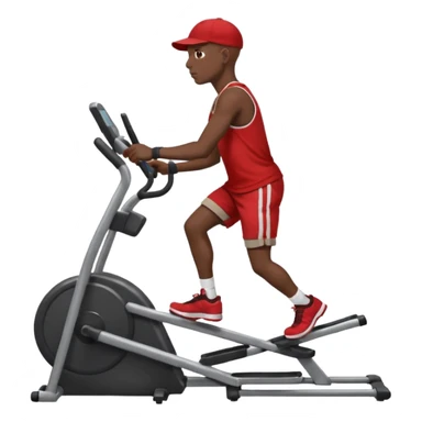 dark skin bald African American man on elliptical machine with red tank shirt and black shorts and backwards facing baseball hatcap sticker