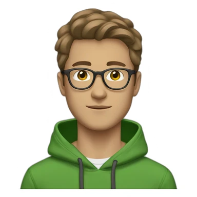 21 year old, white man, swooped brown hair, clear glasses, wide head, green hoodie sticker