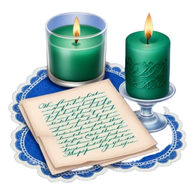 A nostalgic love letter with deep green handwriting, resting on lace fabric next to a glass candle in a royal blue hue. sticker