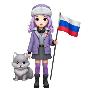 Russian Girl with lavender hair faded black in the bottom + wavy hair
white ushanka +Soviet pin
light grey jacket with light purple fur
grey skirt
dark grey leggings
light grey boots with light purple fur
grey eyes
snow white color skin
holding a Russian flag
is in Moscow Russia sticker