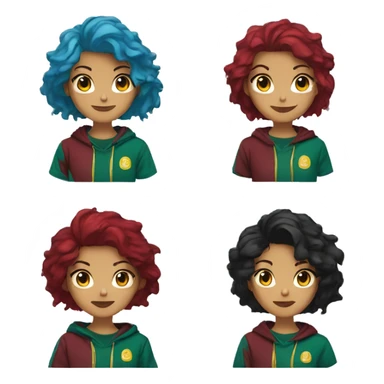 Lady with brunette and blue hair, gold, green dragon wings, maroon hoodie, black and gold Nike t shirt, and bright red eyes sticker