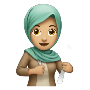A Pakistani/brown mum with a headscarf holding a fork and spoon with two hands with a smile sticker