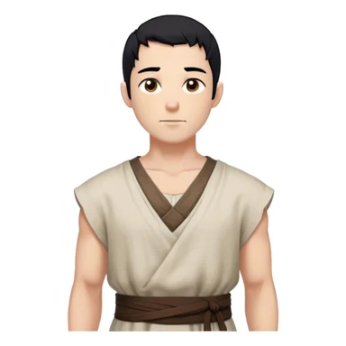 medieval summer outfit worn by a DnD themed fantasy male character. sleeveless peasant-style tunic made of coarse linen, slightly oversized. clothes only above the waist. The clothes full waist. The character's haven't arms. character is white-skinned, black hair, brown eyes, shaved head. sticker