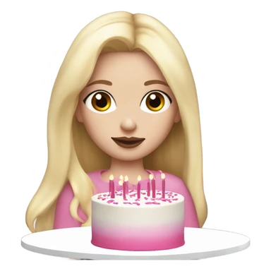 White girl with blonde straight hair, pink lips, dark eyes, white and pink birthday cake in hands, 32 on cake sticker