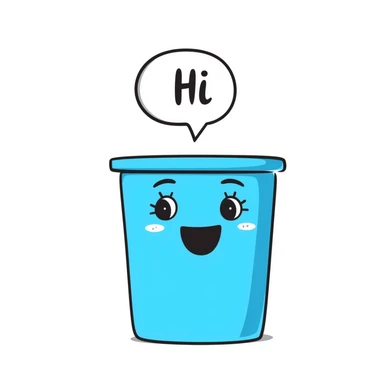 hand-drawn blue bin with a smile, speech bubble with 'hi' sticker