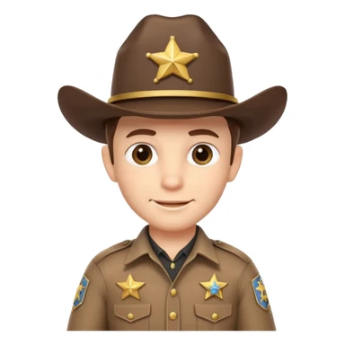 cute sheriff cowboy portrait, head and shoulders only, cowboy hat, sheriff badge on chest, confident smile, western uniform collar, 3D cartoon, mobile game icon style, clean background, no text, no watermark
 sticker